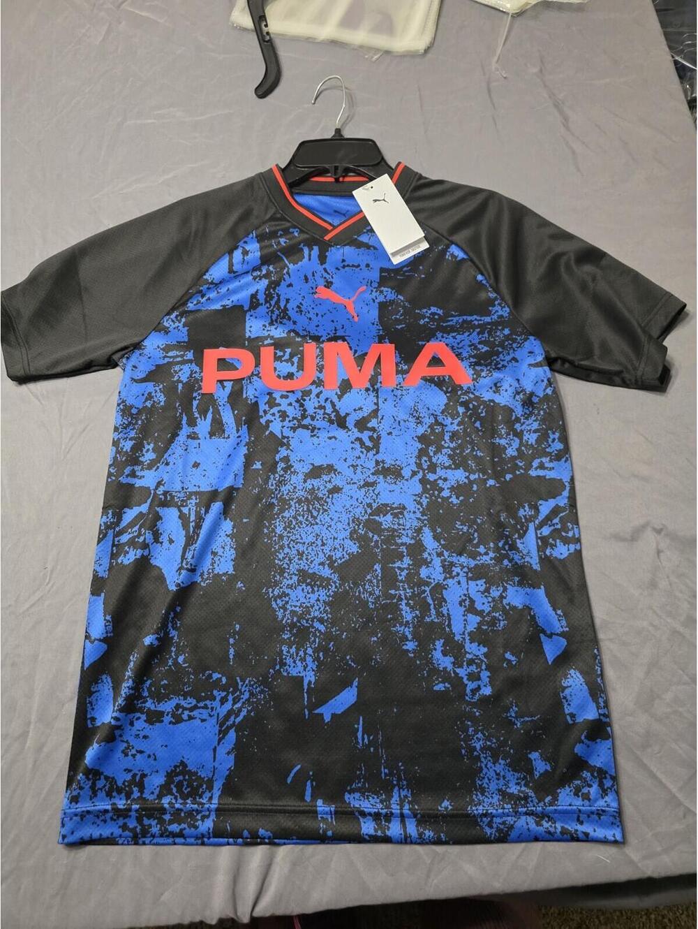 Puma ESS AOP Jersey Men’s Small Blue Black Graphic Shirt NWT